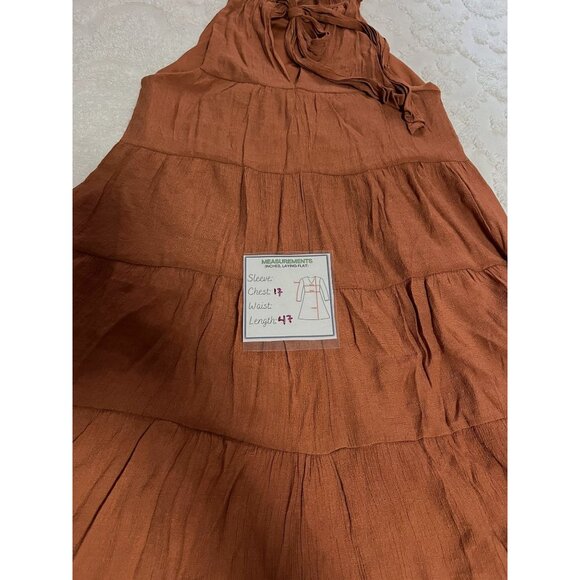 Tiered Rust Sleeveless Maxi Dress With Tie Back & Ruffled Neckline - Picture 2 of 7